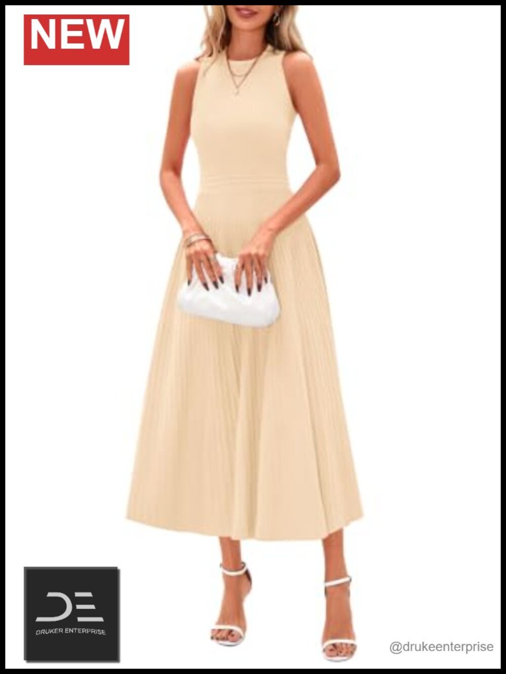 Women's Pleated Midi Work Dress Sleeveless Stretchy